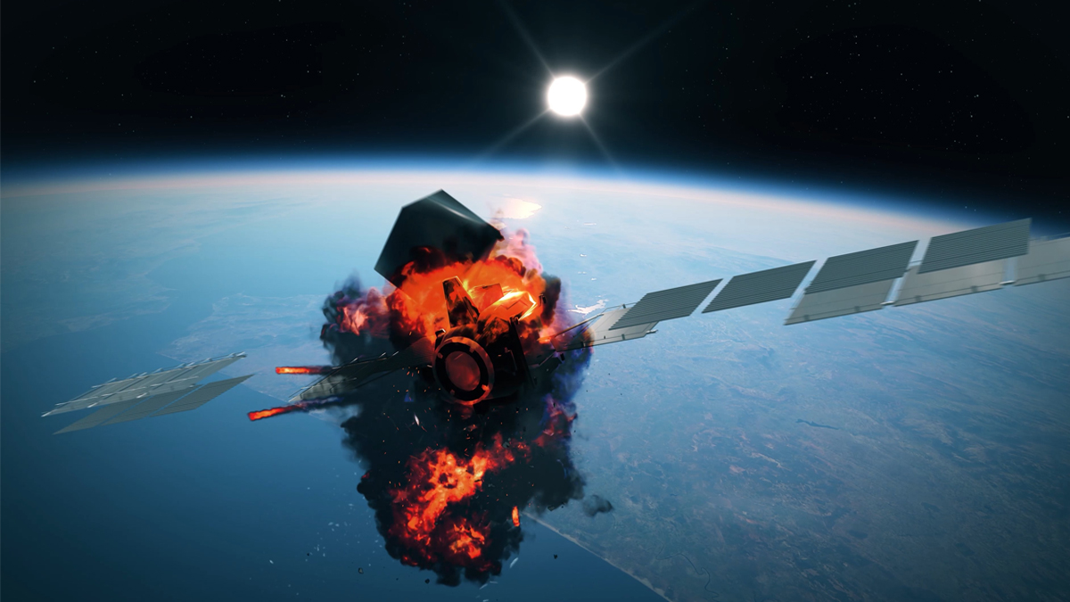 An image of a satellite engulfed in flames and smoke while disintegrating in orbit around Earth after being hit by a missile.