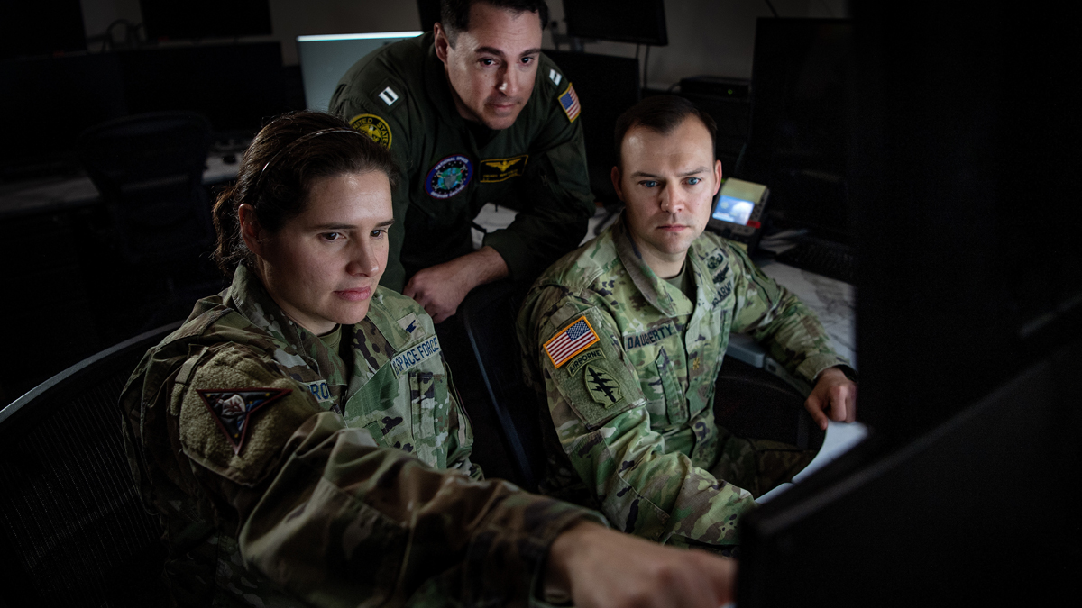 Officers in the U.S. Space Force, Navy and Army participate in integrated joint operational capability exercises as part of Keen Edge 24 at Schriever Space Force Base, Colo., Feb. 8, 2024.