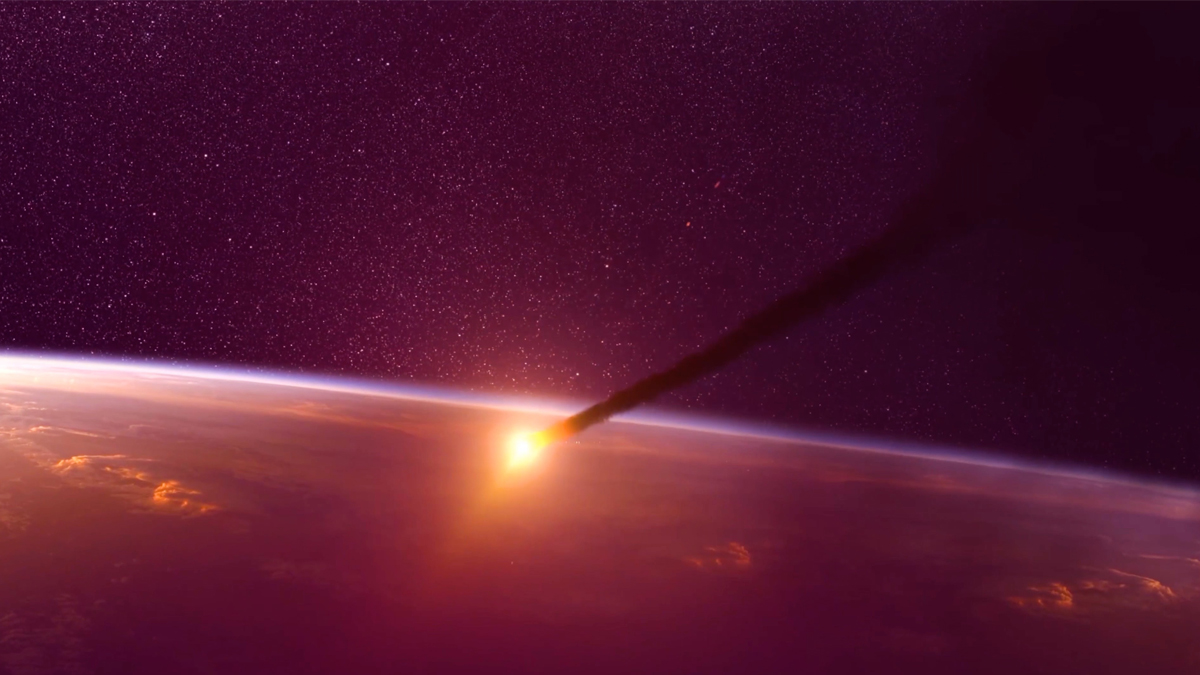 A digital illustration of space debris entering Earth's atmosphere, glowing brightly from the heat of friction, with a dark expanse of space in the background.