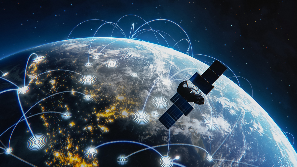 A satellite orbits a digitally connected Earth, with glowing lines and circular data points illustrating a global data-sharing network, against a backdrop of stars.