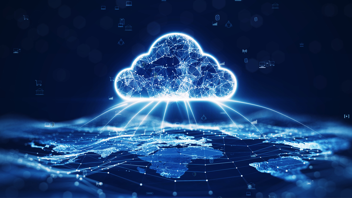 A digital representation of cloud computing technology, featuring a glowing cloud icon with intricate connections above an abstract world map on a dark blue background, symbolizing data transfer.