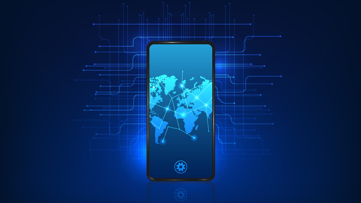 A smartphone with a world map network graphic on the screen against a blue digital circuit background.