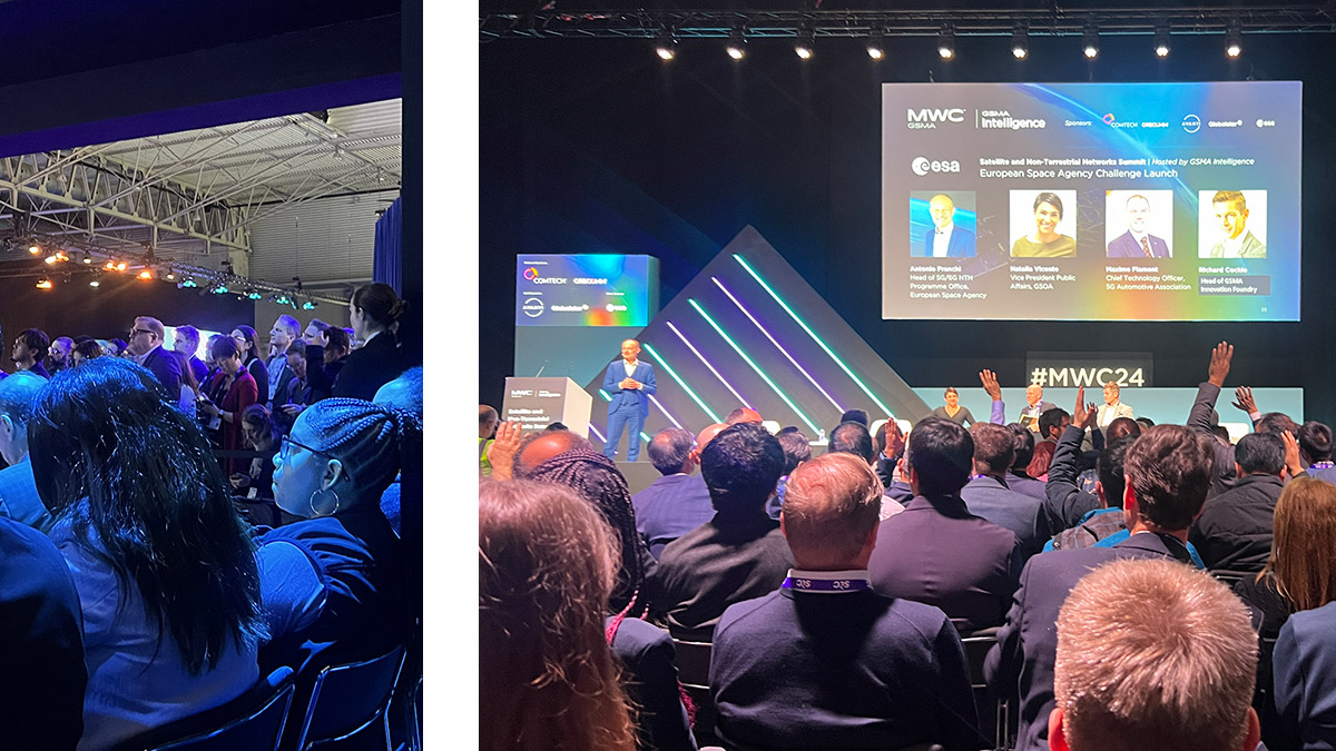 A collage of two photos: A crowd of people standing and sitting at an indoor event with bright stage lights and a metal truss structure overhead, and a diverse audience of attendees raises their hands in a conference hall during the European Space Agency Challenge Launch at MWC 2024.