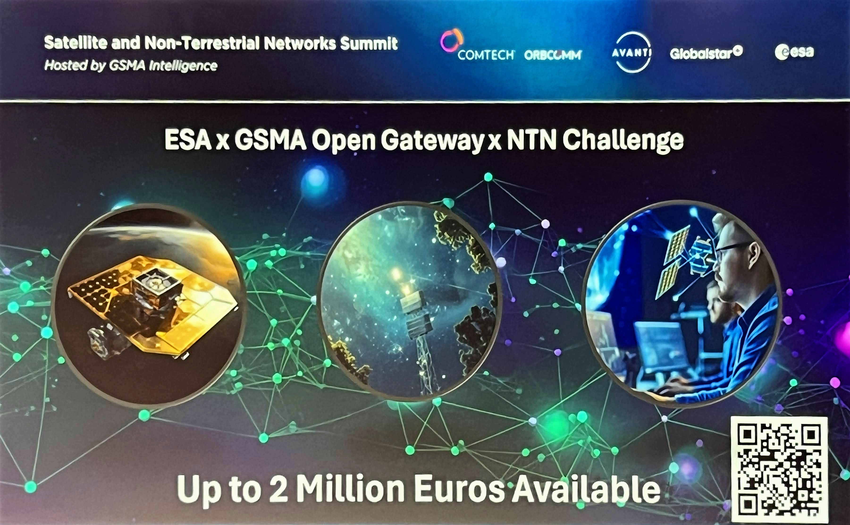 A presentation slide for the ESA x GSMA Open Gateway x NTN Challenge at Satellite and Non-Terrestrial Networks Summit, highlighting a 2 million Euros prize, with logos of sponsors and a QR code.