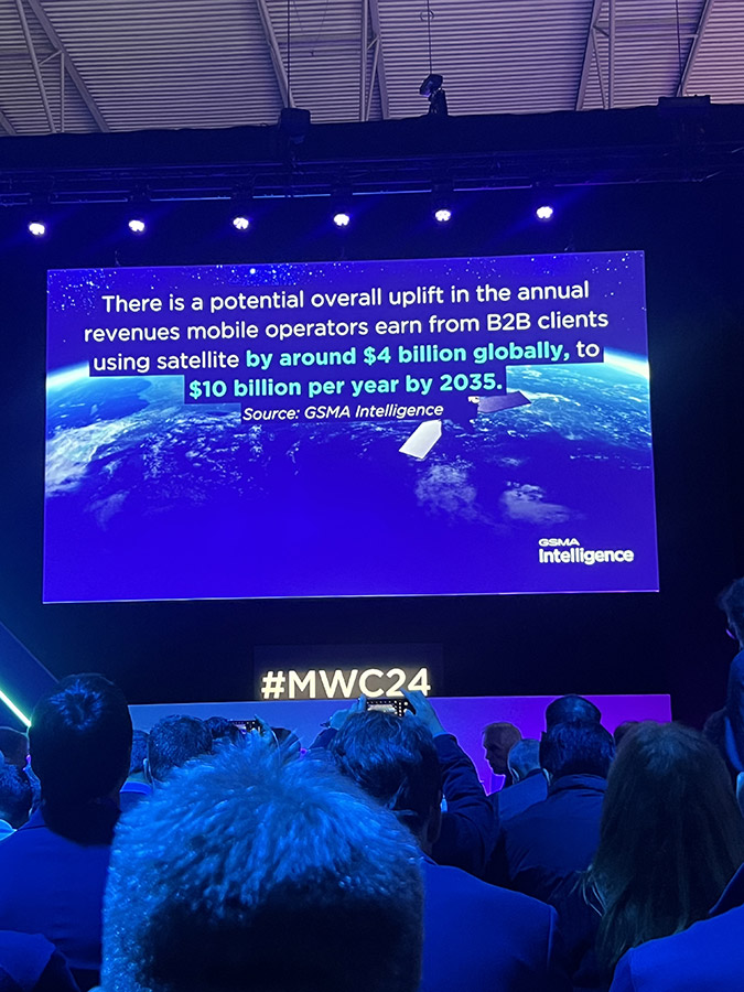 An informational slide from a conference presentation predicting a $10 billion annual revenue increase for mobile operators using satellite technology by 2035.