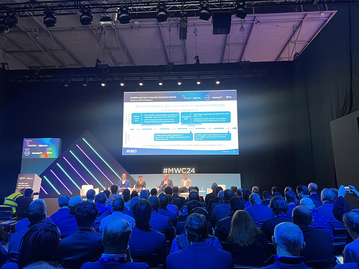 A conference session with a slide about 'Satellite and Non-Terrestrial Networks Summit' showing a timeline of automotive connectivity and potential employment growth.