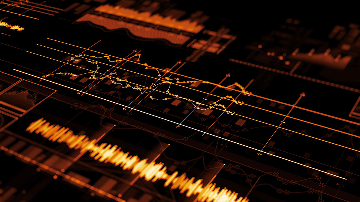 An abstract rendering of technological elements, featuring intricate data analyzing graphs and digital patterns on a dark background.