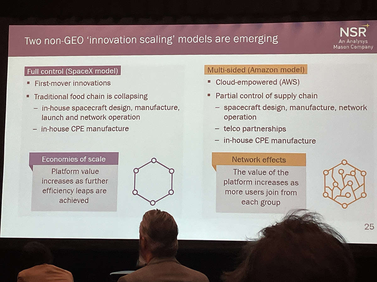 A presentation slide comparing two non-geostationary orbit innovation scaling models, one by SpaceX and the other by Amazon, with an audience member in the foreground.