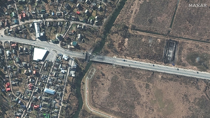 An image released by Maxar Technologies from its WorldView-3 satellite of a damaged bridge and road on the approach toward Kyiv, Ukraine, Feb. 27, 2022. (Source: Maxar)