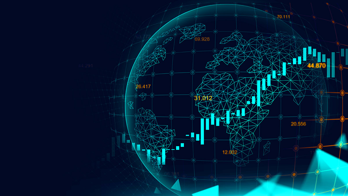 A digital composite image featuring a glowing global network overlay with stock market trends graph, symbolizing a futuristic concept of financial trading or economic trends.