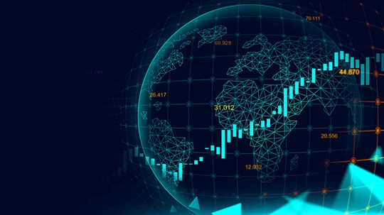 A digital composite image featuring a glowing global network overlay with stock market trends graph, symbolizing a futuristic concept of financial trading or economic trends.