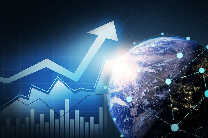 Illustrative concept of global stock market, with a glowing upward trend arrow and a digital bar graph against an Earth backdrop depicting network connections, symbolizing economic growth and data analysis.