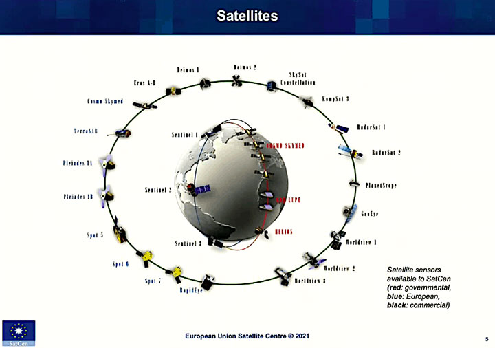 A slide from the European Union Satellite Centre showing a graphic of the Earth surrounded by various satellites with labels, color-coded to indicate governmental (red), European (blue), and commercial (black) satellite sensors.