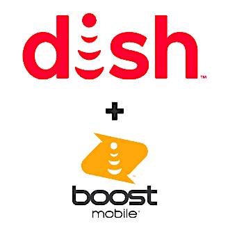The image shows the logos of Dish Network and Boost Mobile together, with the Dish logo on top in red and the Boost Mobile logo below in orange and yellow, suggesting a partnership or collaboration.