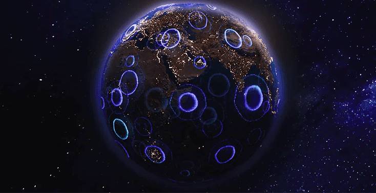 A digital illustration of Earth with numerous glowing, blue circles superimposed on its surface, set against a starry space background.