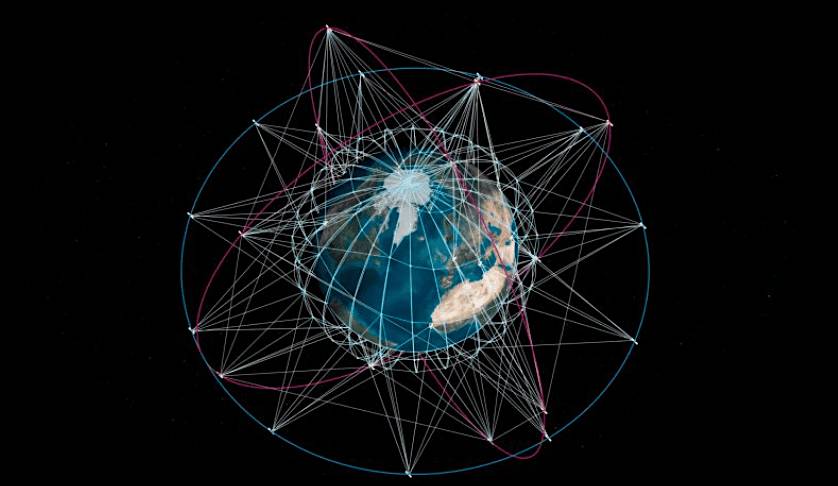 A graphic representation of Earth surrounded by a complex network of interconnected lines and nodes, symbolizing the Iris2 multi-orbit secure connectivity network.