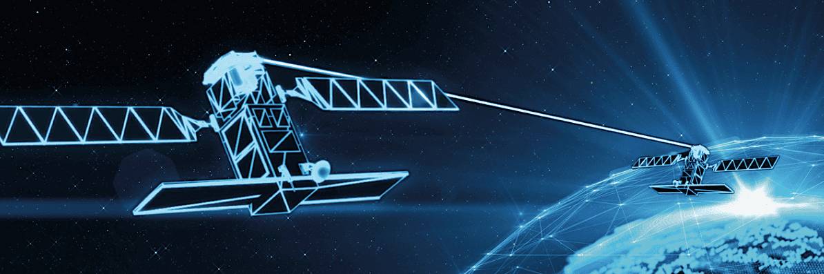 A digital illustration depicting two satellites in orbit around Earth, connected by a blue laser communication beam.