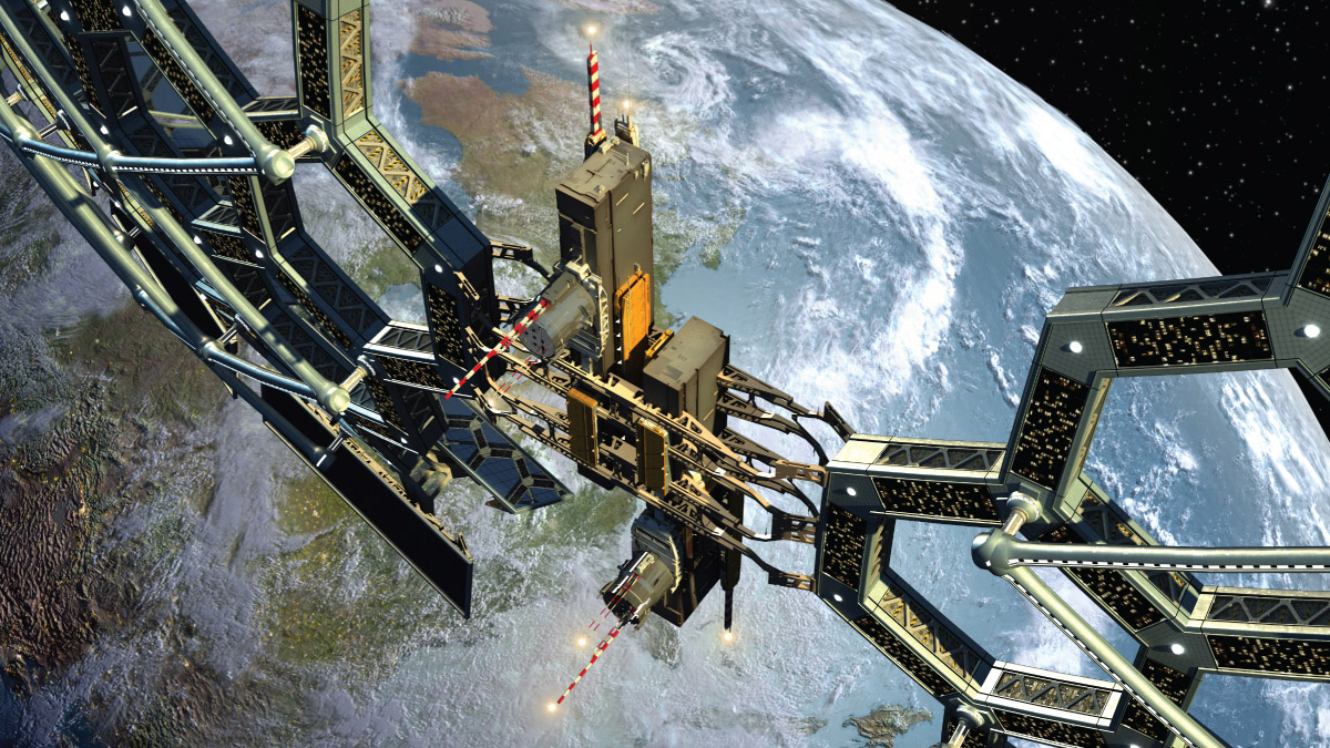 A complex, futuristic space station with a metallic truss structure orbiting high above planet Earth.