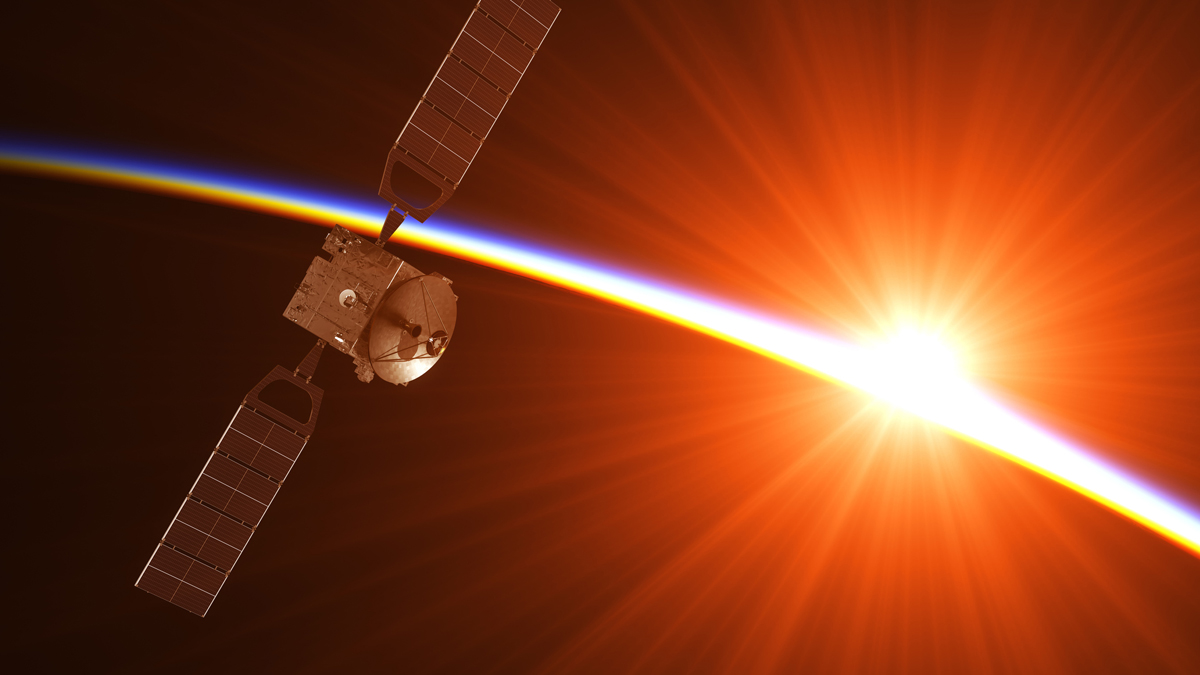 An artist's rendering of a satellite collecting space-based solar power from the sun while in orbit.