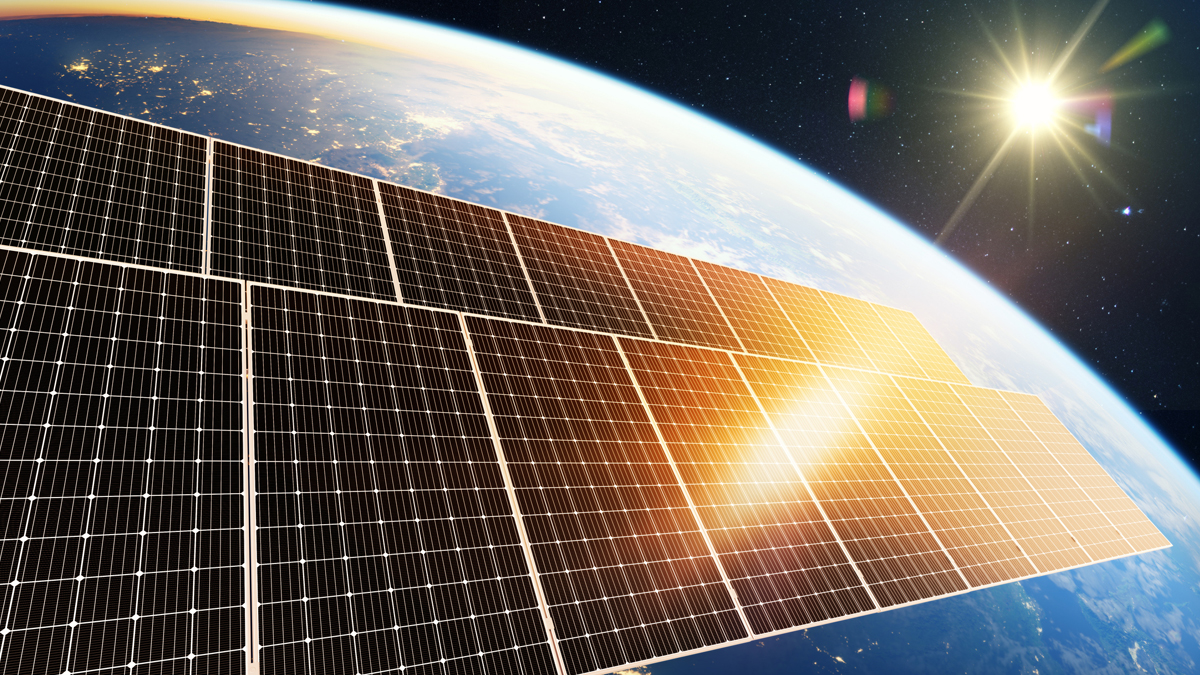 Solar panels are shown in orbit above Earth with the sun shining brightly, illustrating space-based solar power generation.