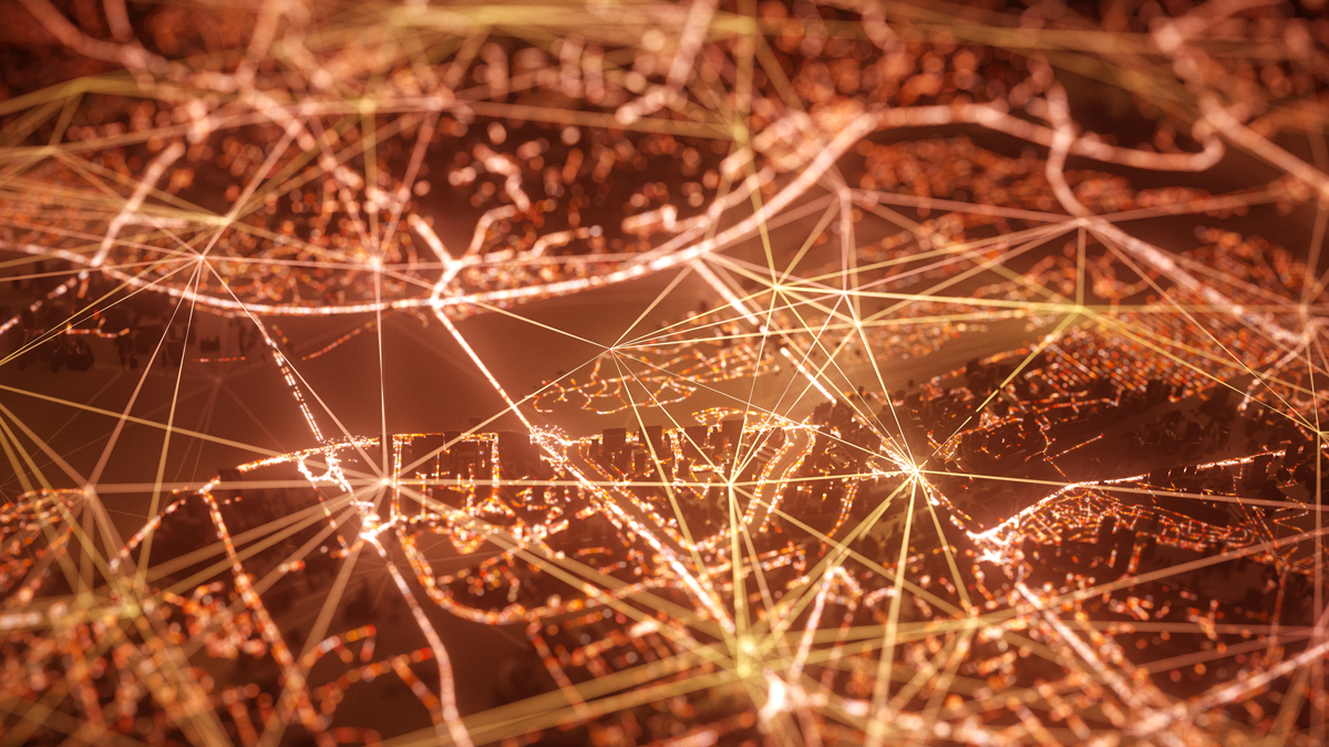An abstract image of a glowing digital network covering a city at night, visualizing data flow or smart city technology.