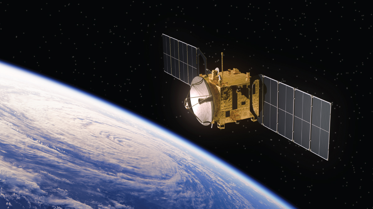 A golden satellite with large solar panels orbits high above the Earth, with the planet's curved blue and white surface visible below against the black, star-dusted expanse of space.