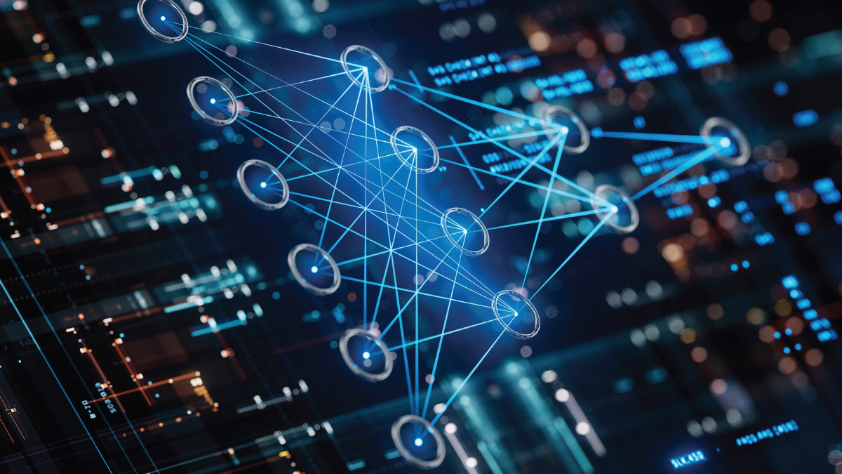Stylized graphic of a neural network with glowing blue nodes and lines on a dark background, representing AI and machine learning.