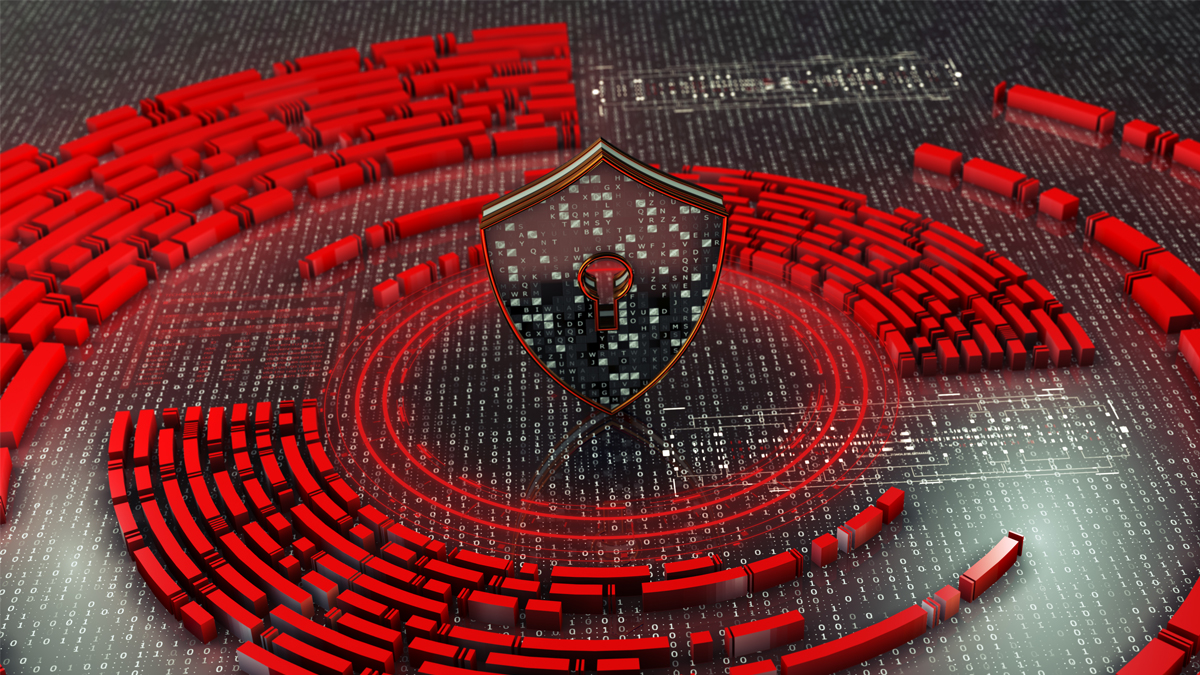 3D-rendered digital shield with a keyhole at the center, surrounded by red segmented rings and binary code, symbolizing cybersecurity and data protection.