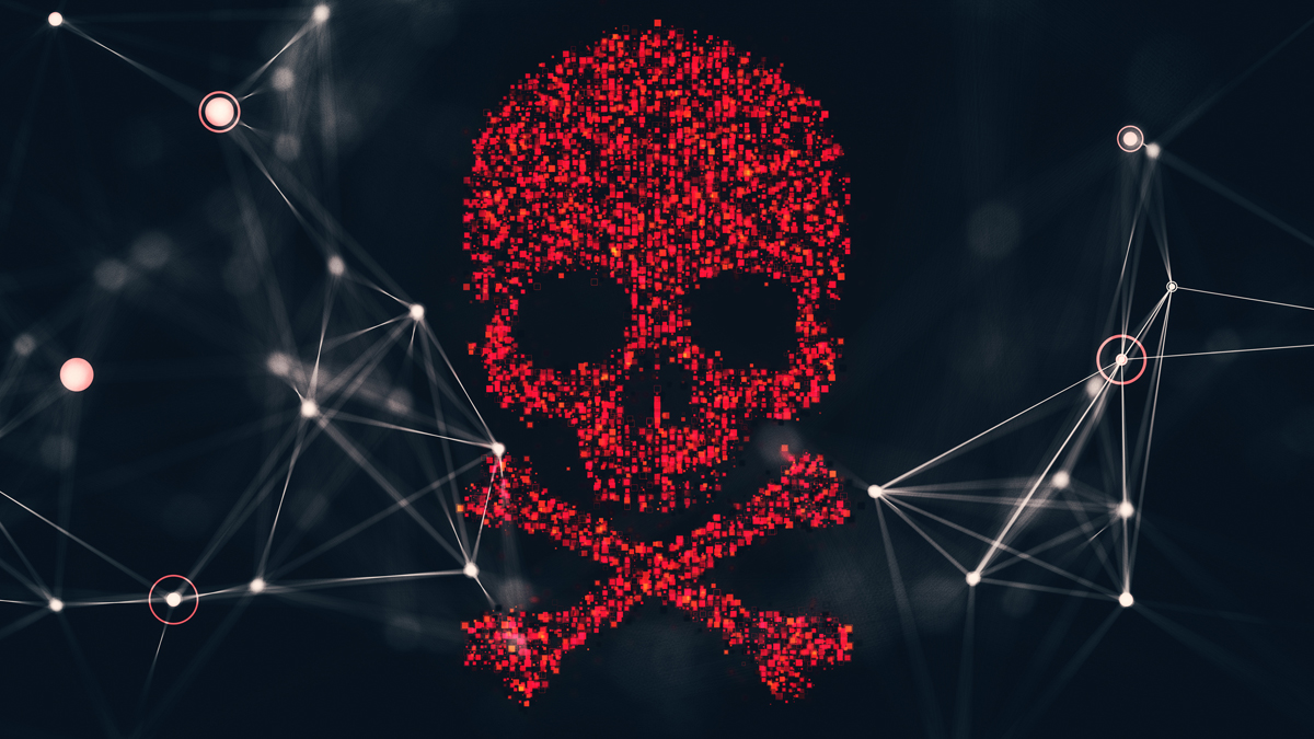 Digital red skull and crossbones on dark background with network lines.