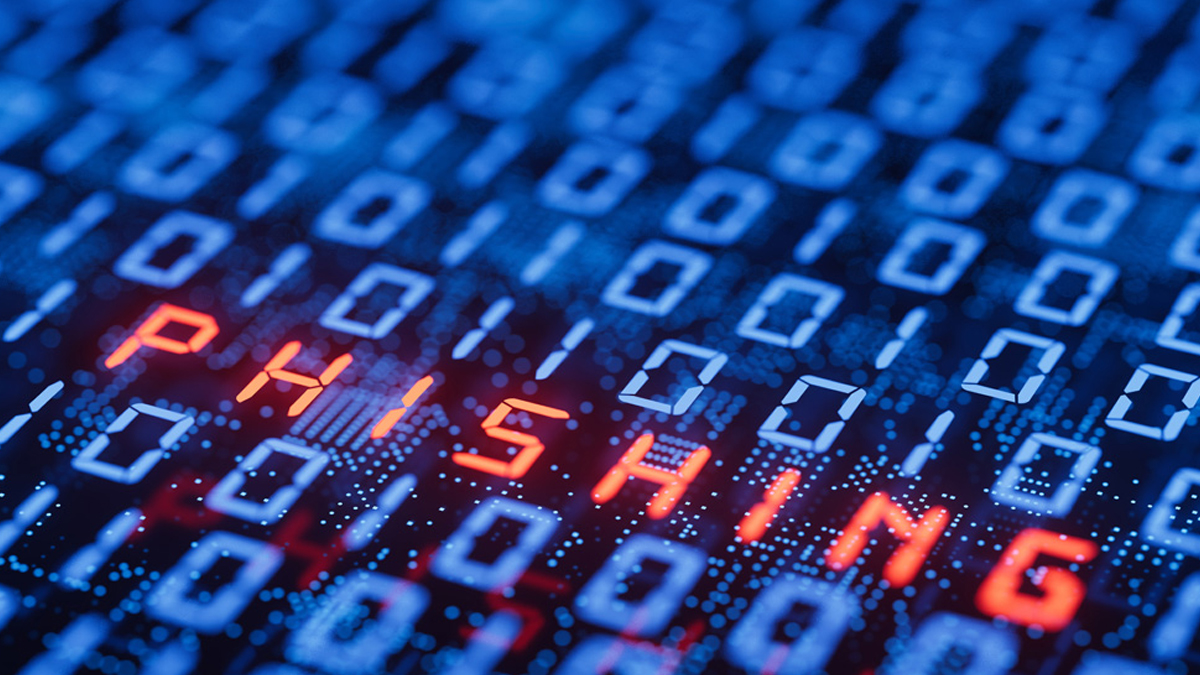 The word 'PHISHING' is displayed in glowing orange and red letters amidst a background of blue binary code, symbolizing a cyber security threat.