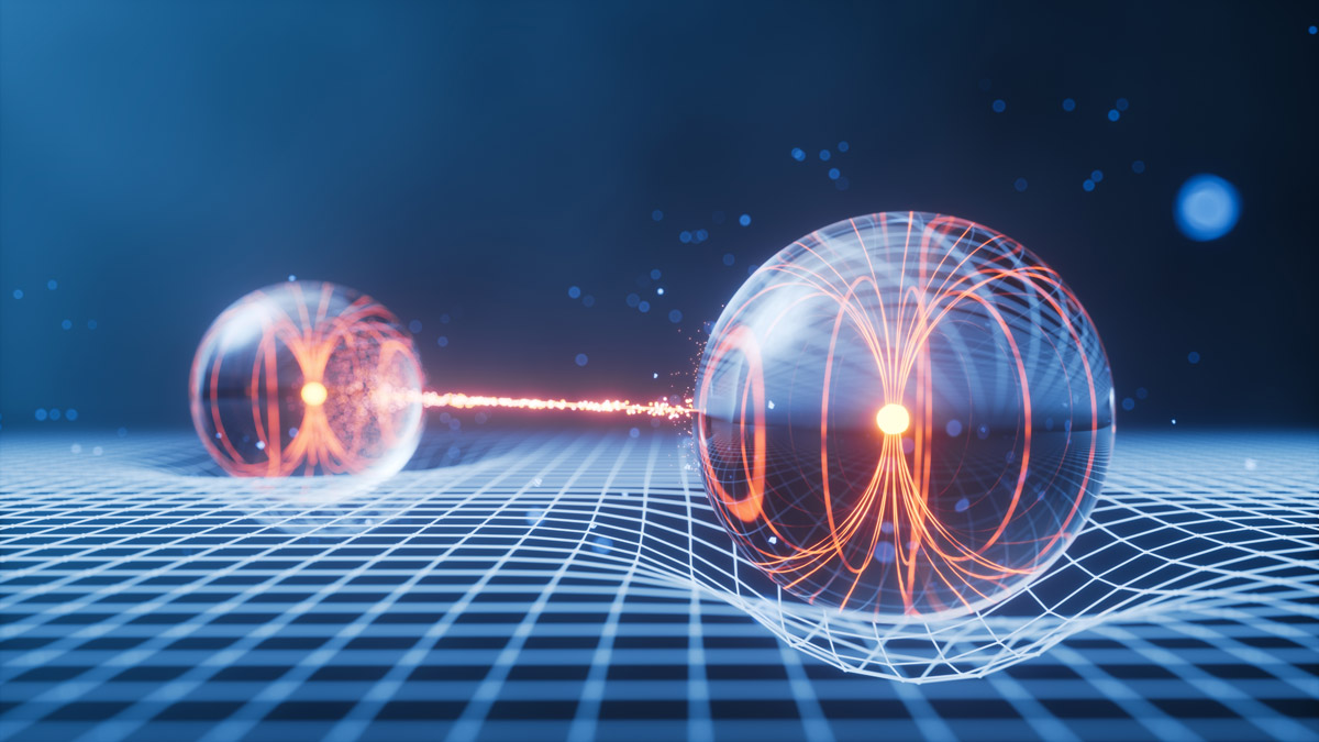 Abstract visualization of quantum entanglement with two glowing particles connected on a distorted grid representing spacetime.