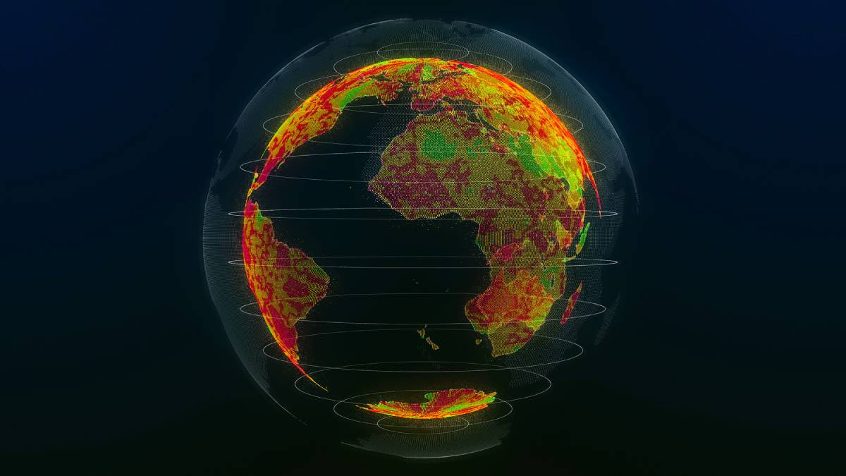 Digital globe with a red, orange, and green heatmap overlay.