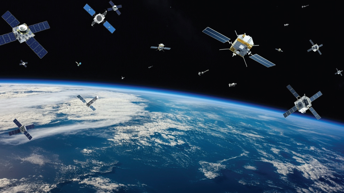Multiple Starlink satellites orbiting high above Earth's atmosphere.