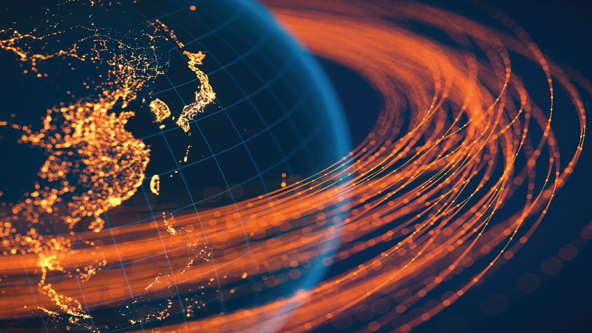 Stylized globe with city lights over Asia, orbited by orange streaks representing global data and internet connectivity.