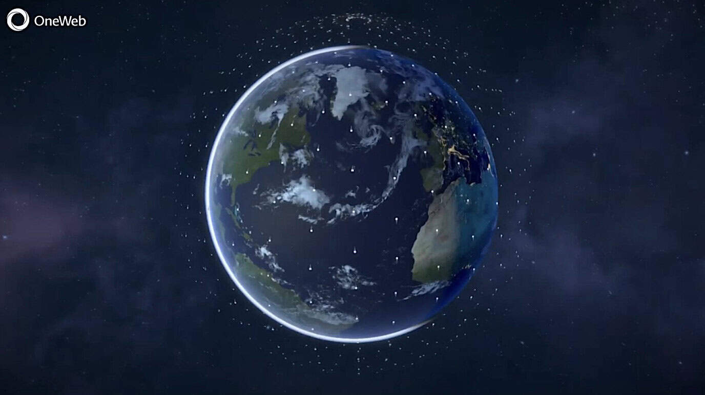 Graphic of the Eutelsat Group's OneWeb satellite constellation showing hundreds of satellites in low Earth orbit around the planet.