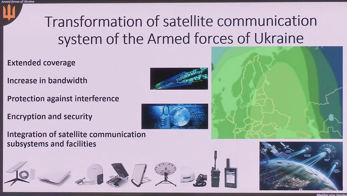 Presentation slide detailing the transformation of satellite communications for the Armed Forces of Ukraine, listing benefits including extended coverage, increased bandwidth, and enhanced security, accompanied by illustrative graphics.