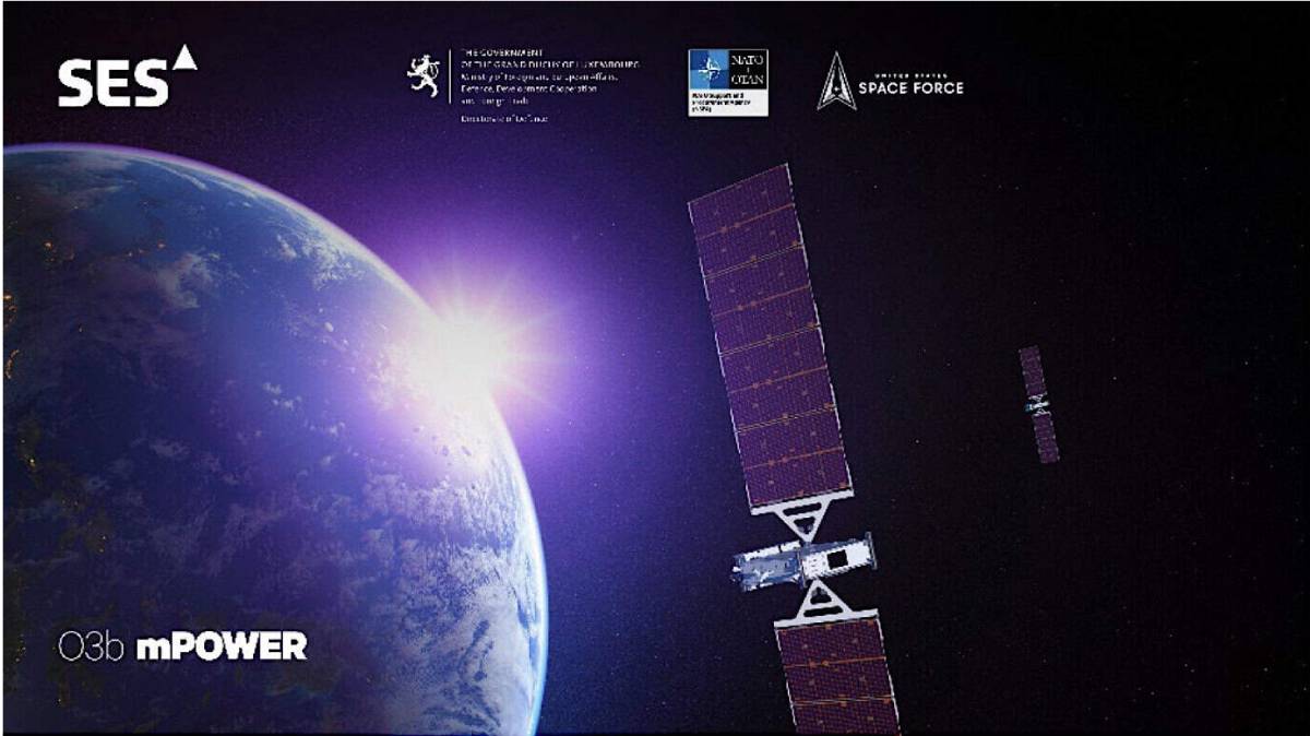 An SES O3b mPOWER satellite in orbit above Earth, representing a commercial broadband contract with NATO and its partners.