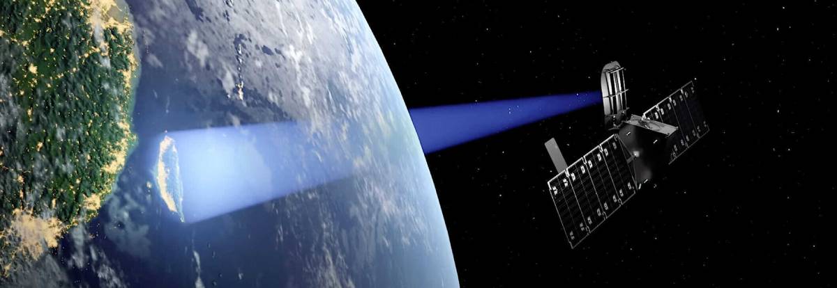 Artistic rendering of a satellite in orbit sending a beam towards a brightly lit area on the night side of Earth. (Source: Astranis)
