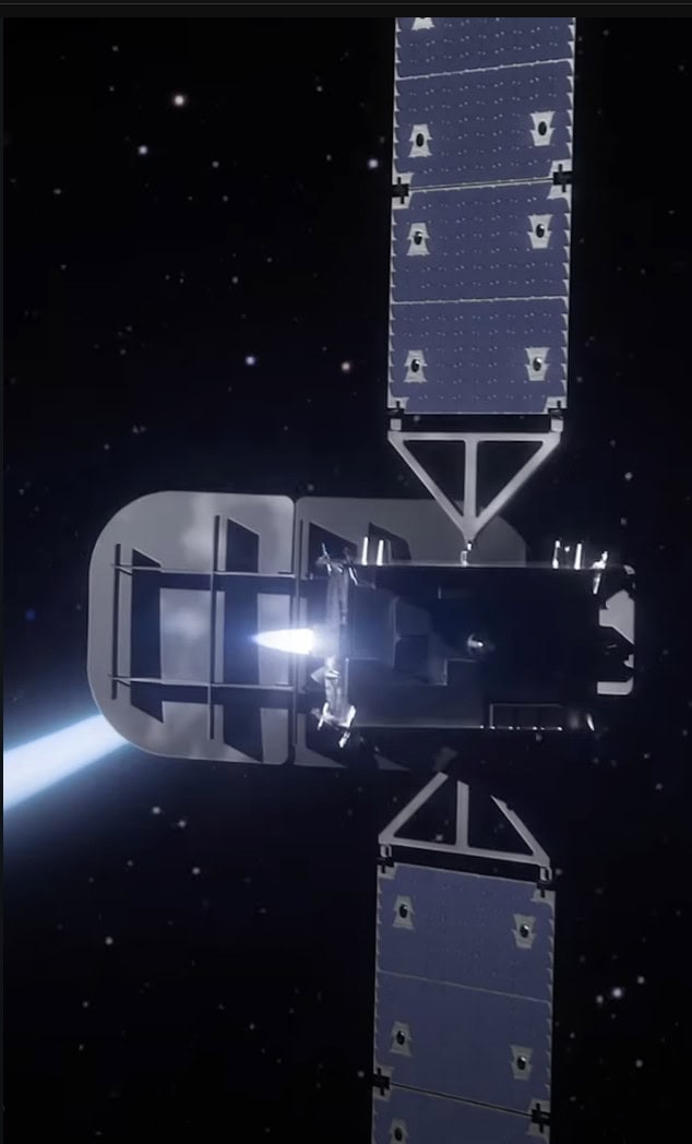 Artistic rendering of an Astranis UtilitySat satellite in space with solar panels extended, firing its thruster. (Source: Astranis)