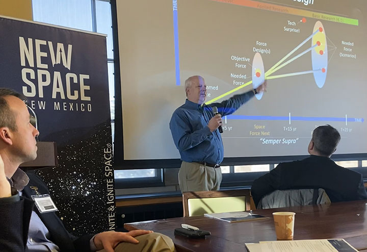 Dr. Joel Mozer Space Force chief scientist and director for Science, Technology and Research addresses the Space Futures Workshop, Nov. 29, 2022.