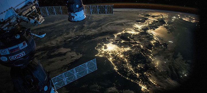 A night Earth observation photograph taken from the International Space Station, as it passes over Japan.