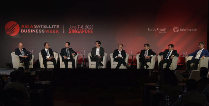 Euroconsult Managing Director Canada, Nathan De Ruiter (left) moderated a panel of regional satellite operators at Asia Satellite Business Week in Singapore, June 7, 2023.