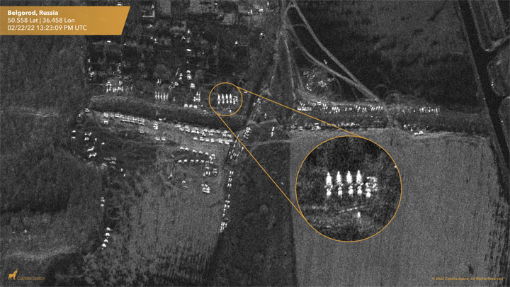 A SAR image showing troops in Belgorod, Russia, approximately 80 km from the Ukrainian city of Kharkiv