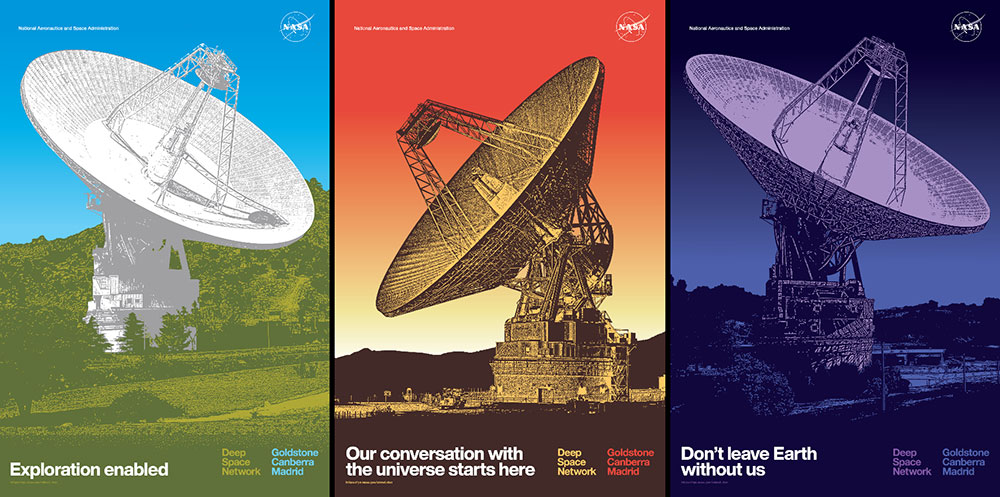 Three posters featuring the 70-meter (230-foot) antennas located at the three Deep Space Network complexes around the world.