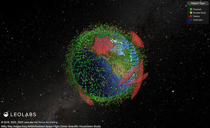LeoLabs visualization of 19,0000+ objects in LEO. LeoLabs provides mapping and SSA data for low Earth orbit for collision prevention, risk assessment, constellation monitoring and space situational awareness.