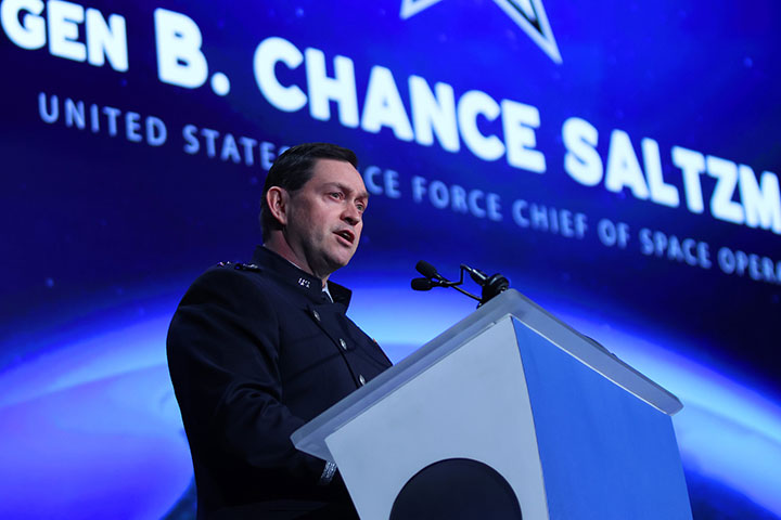 Chief of Space Operations for U.S. Space Force Gen. Chance Saltzman addresses an audience at the 38th Space Symposium, Wednesday, April 19, 2023.
