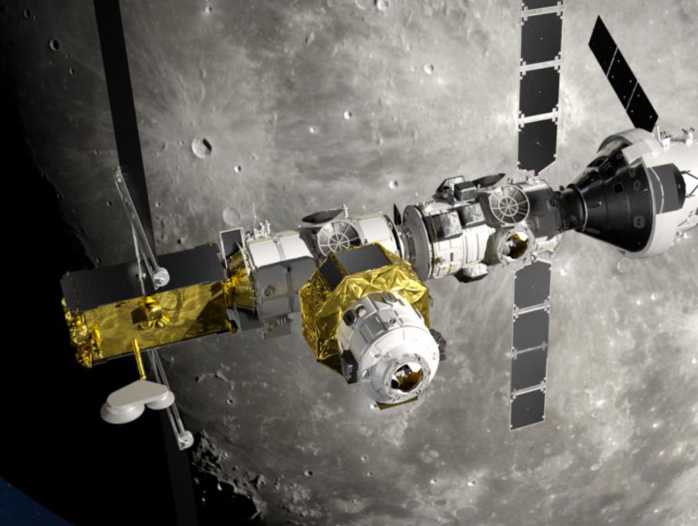 An artist's impression of the lunar Gateway, a habitat, refueling and research center for astronauts exploring the moon as part of the Artemis program.