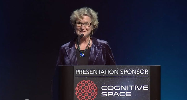 Chief of the FCC's Space Bureau, Julie Kearney, addresses an audience at Satellite Innovation, Oct. 17, 2023, in Mountainview, Calif.