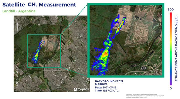 A satellite image provided by GHGSat indicating the presence of methane at a waste management site in Buenos Aires, Argentina in May 2021.