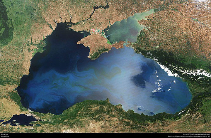 This 2019 satellite image shows the Black Sea. Ships navigating the Russian-controlled waters of the Black Sea are subject to regular GNSS spoofing and interference.
